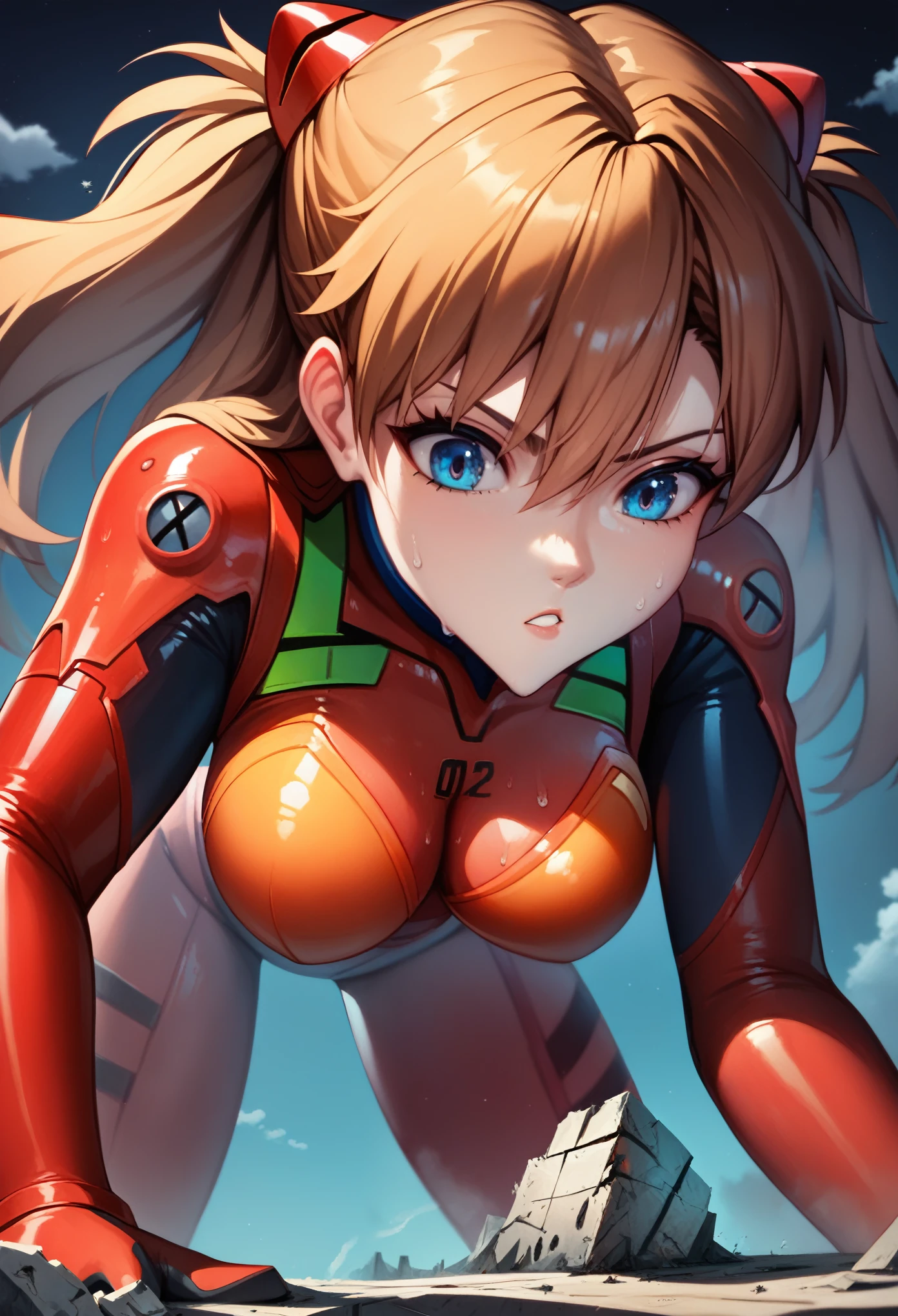 (masterpiece, Highest quality, Ultra-high resolution), 1girl, asuka langley soryu, long hair, bangs, blue eyes, brown hair, hair ornament, bodysuit, pilot suit, plugsuit, red bodysuit, interface headset, latex has a strong metallic sheen, Glossiness, shiny, whole body slimy, Sweat, Stuffy, steamy, Glossiness, cute face, anime face, (giantess), very giant girl, Aerial Perspective, Clouds are hanging around her, dark background, night atmosphere, Towering, very huge girl, overwhelming, destroyed buildings, Rubble, smoke,