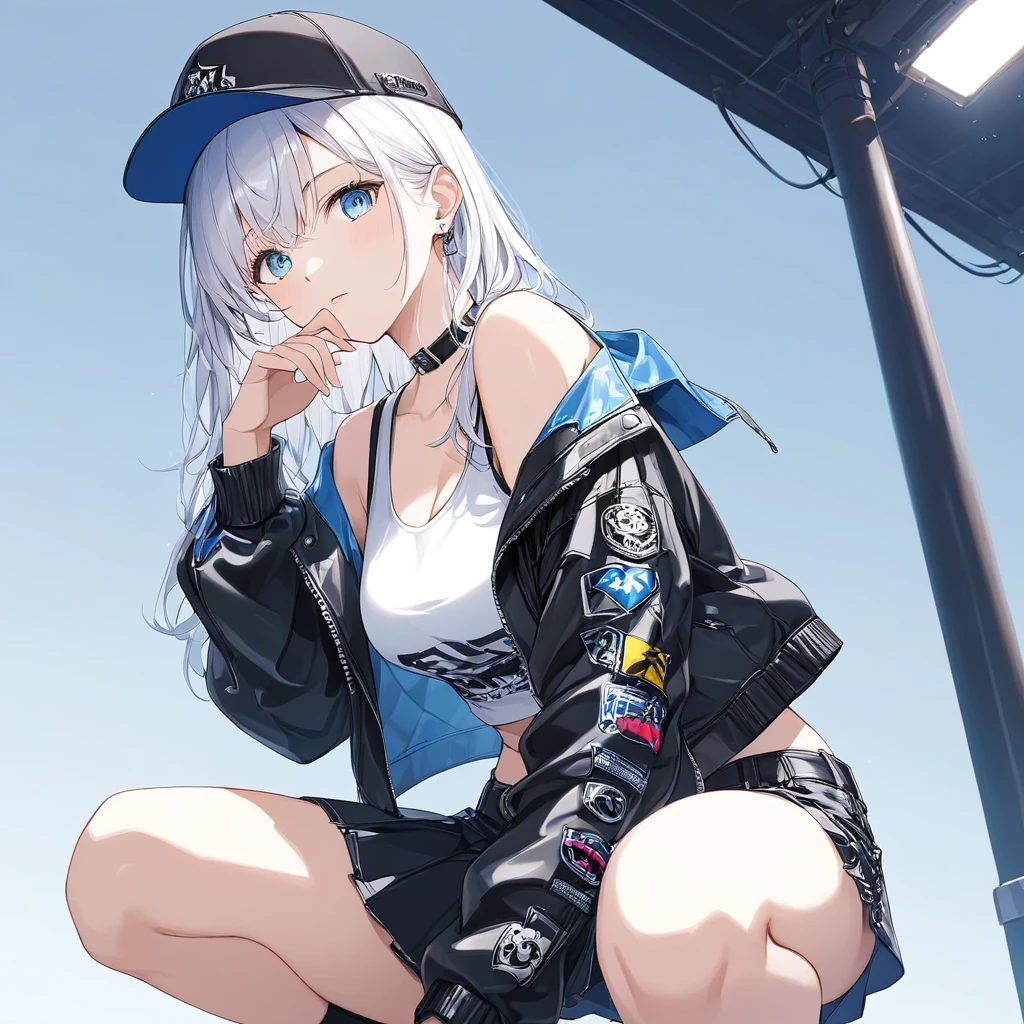 Anime Style,One woman,Wear a cap,White Hair,lob hair,blue eyes,Shining Eyes,緑にShining Eyesのハイライト,Like Sapphire Punk Rock Outfit,White tank top,blackドロップショルダー,Leather jacket,black,Crouching,Support your elbows on your knees,Put on chin,ドヤ顔 One womanを強調,Blur the background,Low Angle Masterpiece,Best Quality,Exquisite,8k,Absurd,Ultra-detailed illustrations,(Watch the audience)