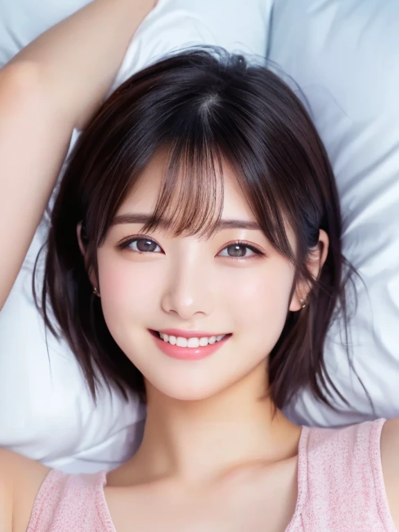 masterpiece, Best Quality, One Woman, (RAW Photos, Best Quality), (reality, Realistic:1.4)、Clear skin、iris、Very detailed eyes and face, Beautiful and detailed nose, beautiful eyes, Perfect Anatomy、Short Hair、Brunette Hair、Pink Tank Top、Mid-chest、A cool smile、Face Focus、Hands above head、Light blue pillow、Sleep on the bed、