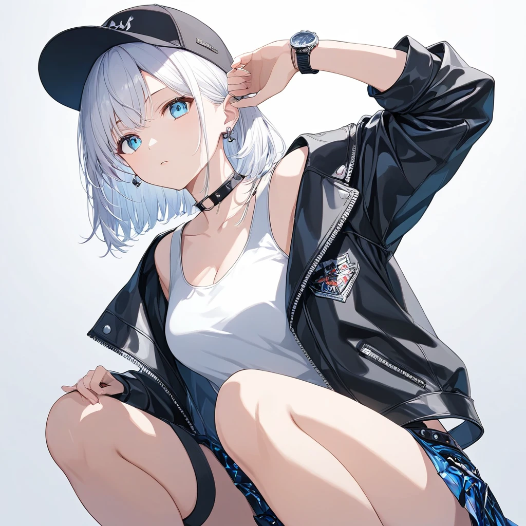 Anime Style,One woman,Wear a cap,White Hair,lob hair,blue eyes,Shining Eyes,緑にShining Eyesのハイライト,Like Sapphire Punk Rock Outfit,White tank top,blackドロップショルダー,Leather jacket,black,Crouching,Support your elbows on your knees,Put on chin,ドヤ顔 One womanを強調,Simple Background,Blur the background,Low Angle Masterpiece,Best Quality,Exquisite,8k,Absurd,Ultra-detailed illustrations,(Watch the audience)