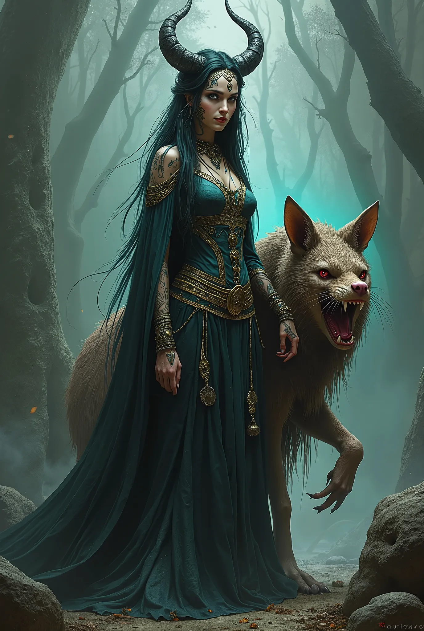 a shaman woman accompanying a strange animal, 
art by caras ionut, ghoulish gary pullin.