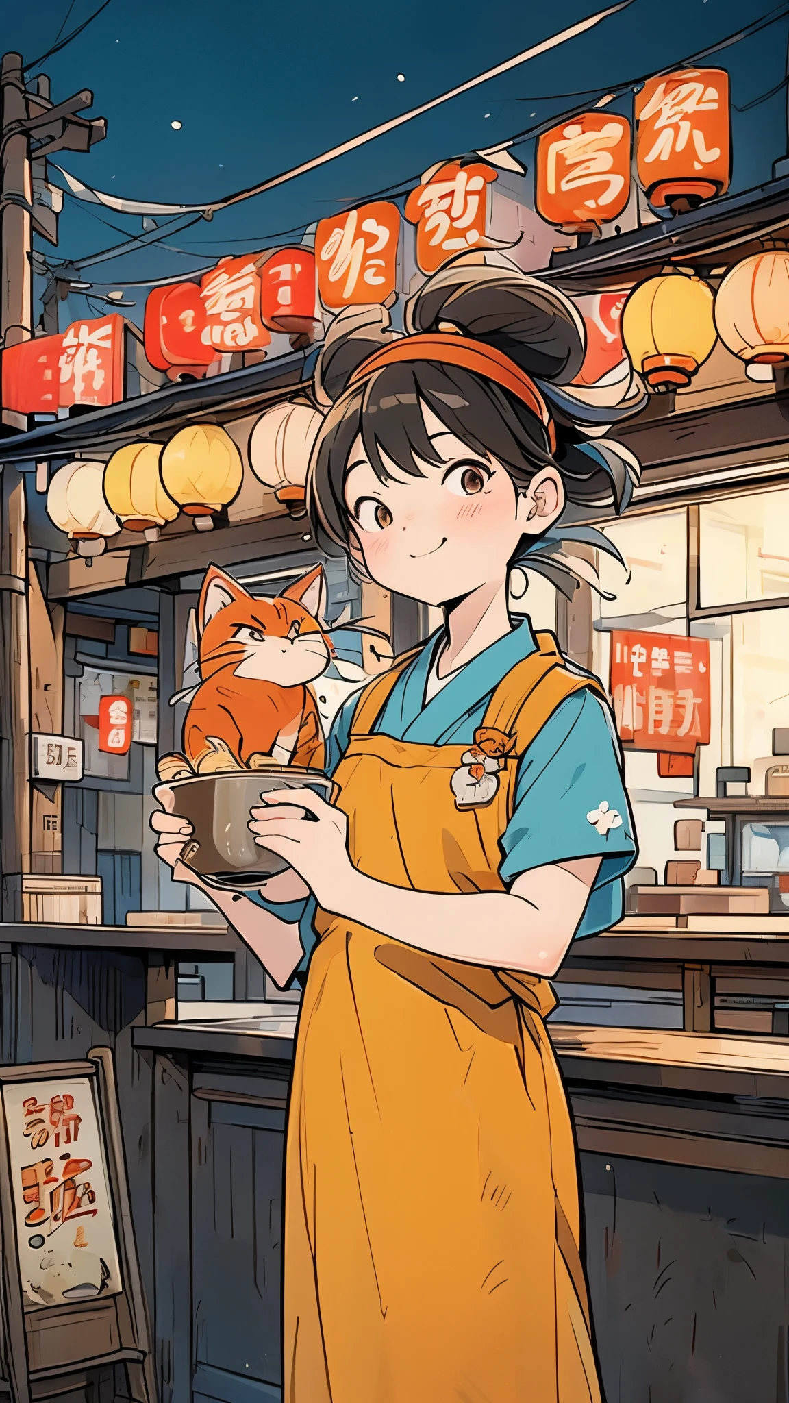 “A lively manga-style scene featuring a small ramen shop in a bustling city at night. In front of the shop, a charismatic, anthropomorphic red cat chef stands proudly with a steaming bowl of ramen in one hand and a pair of chopsticks in the other. The cat has a cheeky grin and is wearing a traditional Japanese chef’s headband and apron. Behind the counter, various colorful ramen toppings are visible, and the sign above the shop glows warmly in the dark, reading &#39;Akaneko Ramen&#39; in bold characters. The shop is surrounded by neon lights and urban buildings, with a few curious customers glancing at the chef. The overall tone is vibrant, lively, and full of personality, with a playful manga style.”
