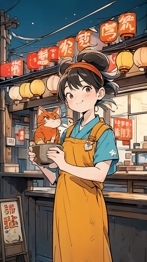 “a lively manga-style scene featuring a small ramen shop in a bustling city at night. in front of the shop, a charismatic, anthr...