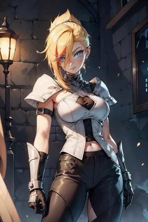 woman alone, blonde hair, short spiky hair, delicate armor, knight, fantasy, ironic smile, black pants, black gloves