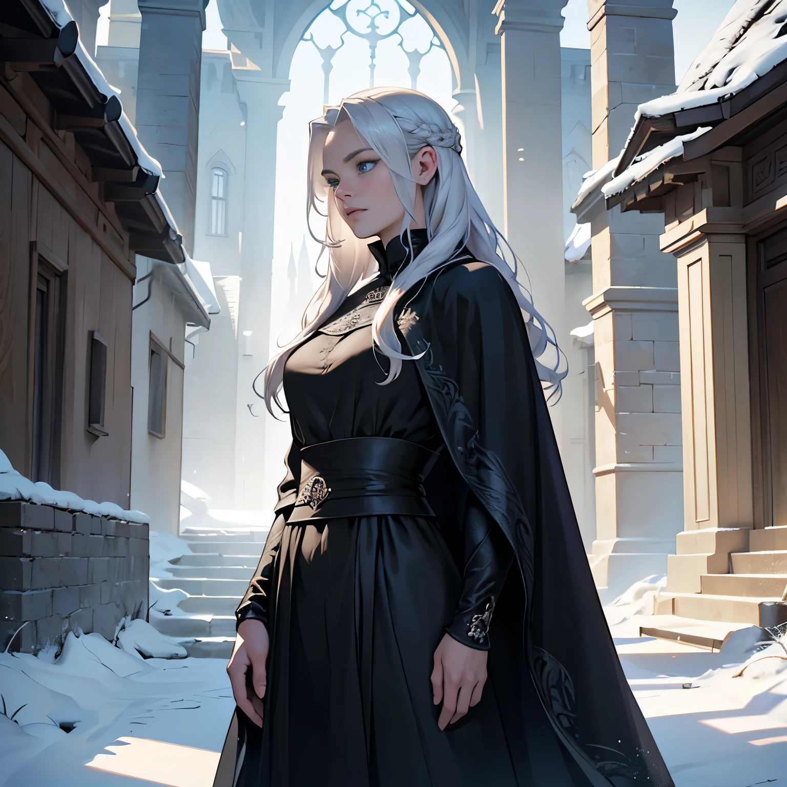 ((Best quality)), ((masterpiece)), ((realistic cartoon)), ((perfect character)):

In this stunning and highly detailed realistic cartoon, we present a female Targaryen house from the series House of the Dragon. The woman stands tall, young adult woman, and powerfully built, She has long-medium silver hair and she has a stern face. She had blue eyes, wore a black wardrobe, a black cloak, and had a strong balanced muscle body.


Every element of this masterpiece is carefully designed to create a sense of realism and immersion. The intricacies of the man's clothing, the mesmerizing effects of the area around her and she was in Winterfell, and the level of detail in his weathered face all contribute to a captivating visual experience. This artwork is presented in stunning UHD resolution, allowing you to appreciate every nuance and intricacy in breathtaking detail.

Eye level, scenic, masterpiece.