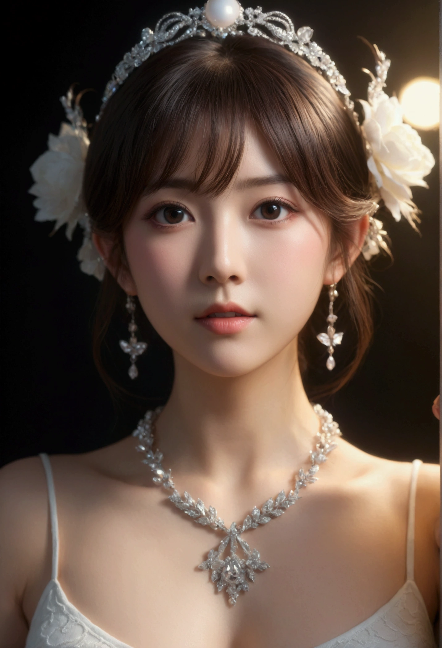 Best Quality, masterpieceHigh_resolution, One girl, Hair Ornaments, necklace, jewelry, Beautiful Face, On the body, Tyndall effect, photographのようにリアル, Dark Studio, Rim Lighting, Two-color lighting, (高い detailed skin:1.2), 8K Ultra HD, Digital SLR, Soft lighting, High quality, Volumetric Lighting, Frank, photograph, 高い resolutionolution, 4K, 8k, Bokeh, Medium chest, Open fingers,