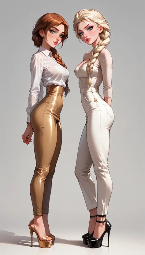 score_9, score_8_up, score_7_up, 2girls, duo, (anna, brown hair, braided pigtails, wearing tight trousers and blouse, platform h...