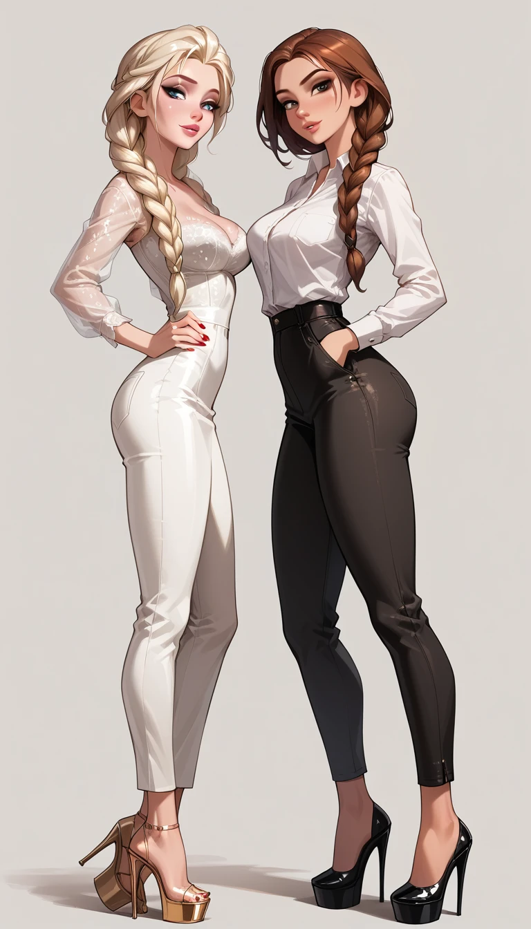 score_9, score_8_up, score_7_up, 2girls, duo, (Anna, brown hair, braided pigtails, wearing tight trousers and blouse, platform heels:1.3) and (Elsa, blonde, braid, wearing short skirt and blouse, platform heels:1.2), flirt, gaze, sexy look, half-closed eyes, head tilt, filled lips, thick lips, makeup, side view, (full bodies in view) expressiveh d4rk01l, perfect hands, perfect proportions, simple background.