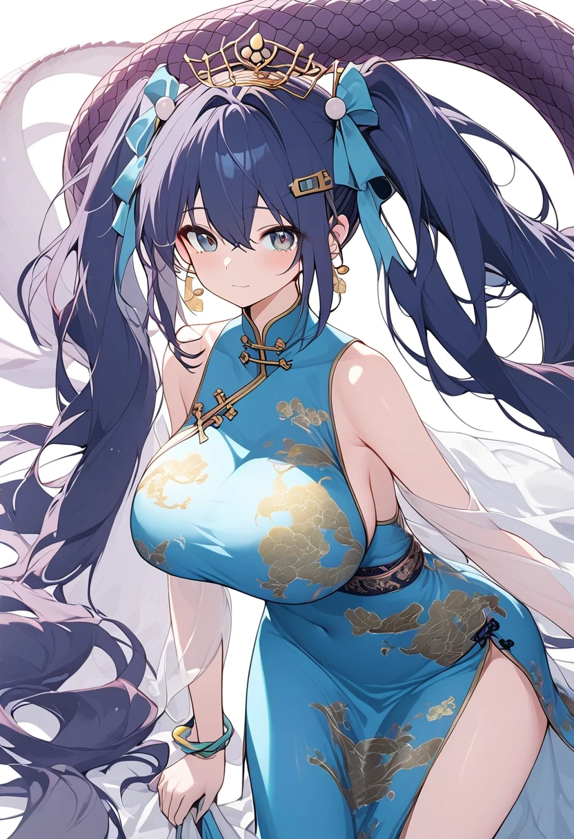 1girl, Alone, Hatsune Miku, Lamia,Dark blue hair,Long Hair,Big Breasts,Ancient Chinese Princess,Chinese dress,Ancient Chinese Royal Family