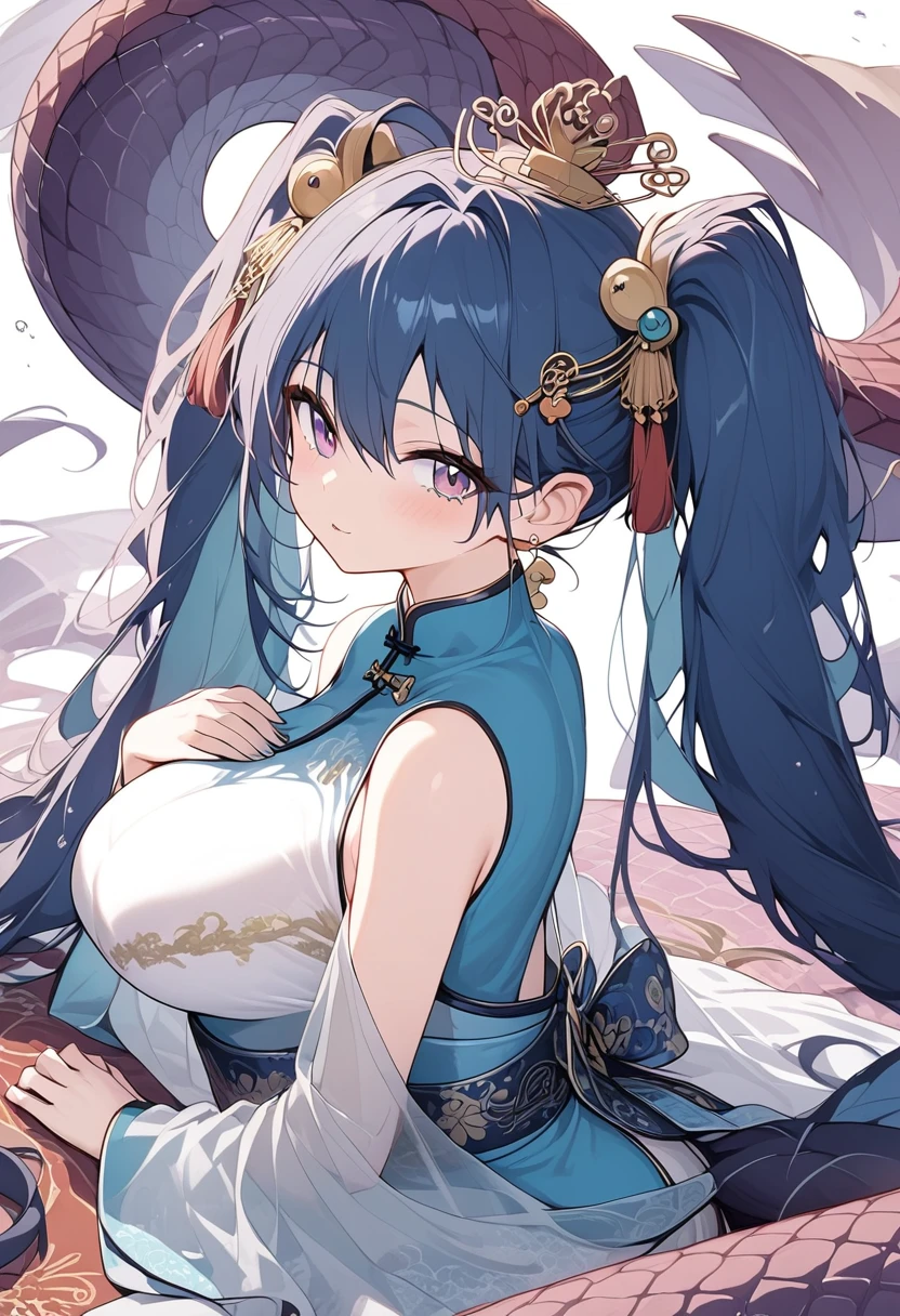 1girl, Alone, Hatsune Miku, Lamia,Dark blue hair,Long Hair,Big Breasts,Ancient Chinese Princess,Chinese dress,Ancient Chinese Royal Family