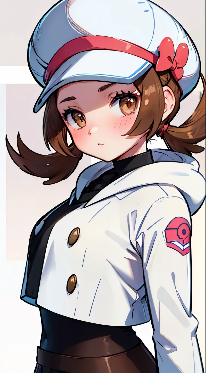 Brown hair，Brown eyes long hair，Twin ponytails，White suit，Brown coat，Sonya《Pokémon》blush，Big breasts，beauty，Company Background，Peaked Cap