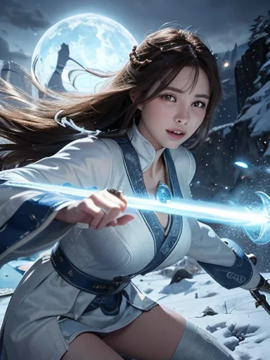 drawing the sword of the snow mountain, the sword with the cold ice flame of the ancient style woman, holding the blue flame bur...