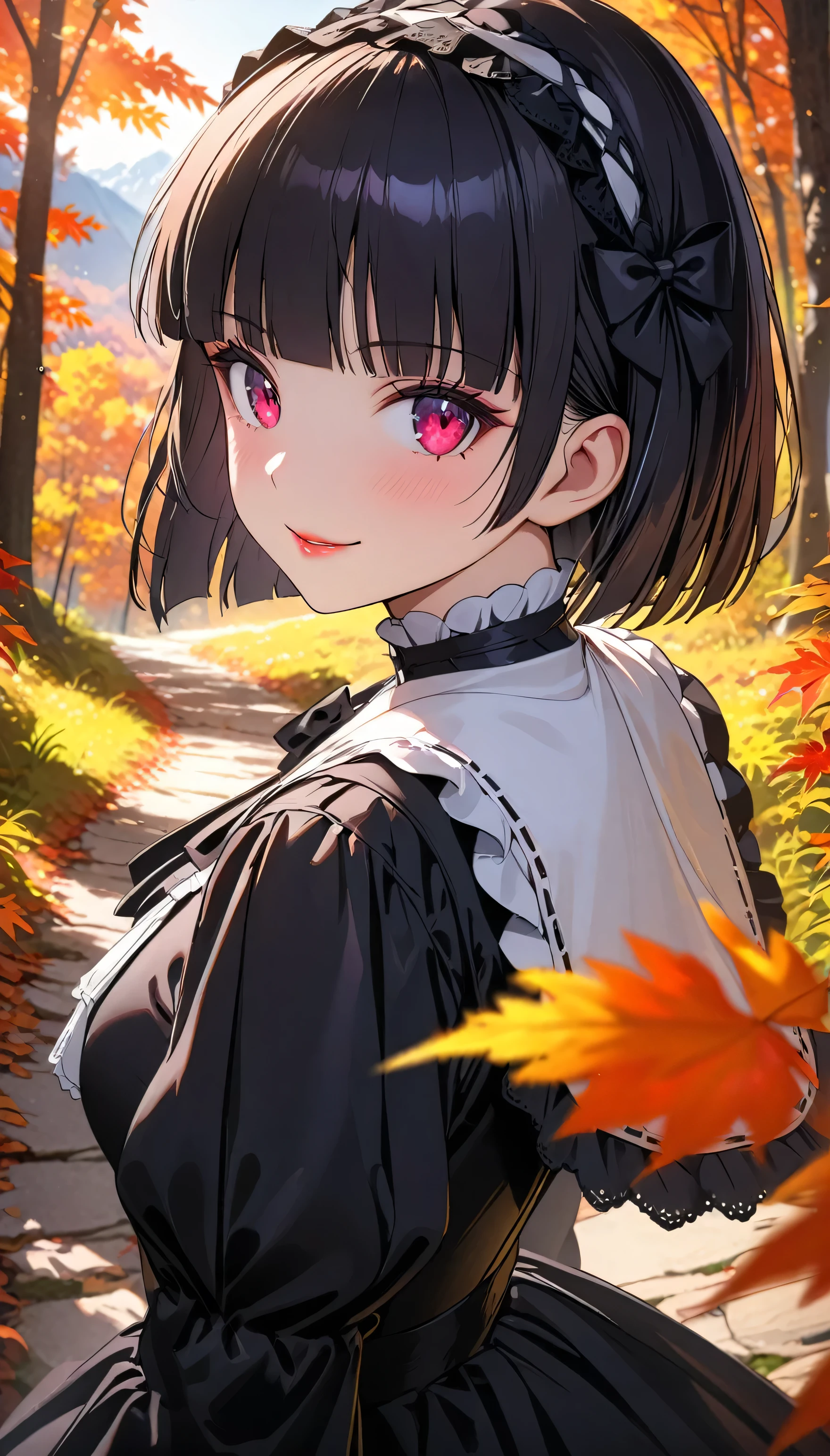 (beautiful girl: 1.3),1girl,masterpiece, Highest quality, Ultra-high resolution,rich contrast,super high quality,8k,Highly detailed CG unit wallpaper,texture,Incredibly absurd,Ultra-high resolution,RAW Photos,Depth of Field 1.2,(blunt bangs,medium hair,Black Hair),Ultra-detailed eyes,Glowing Skin,Glitter effect,Beautiful glossy lips,autumn hiking, scenic mountain trail, vibrant fall foliage,forest path covered in leaves,gokou ruri,(gothic:1.3),A light smile