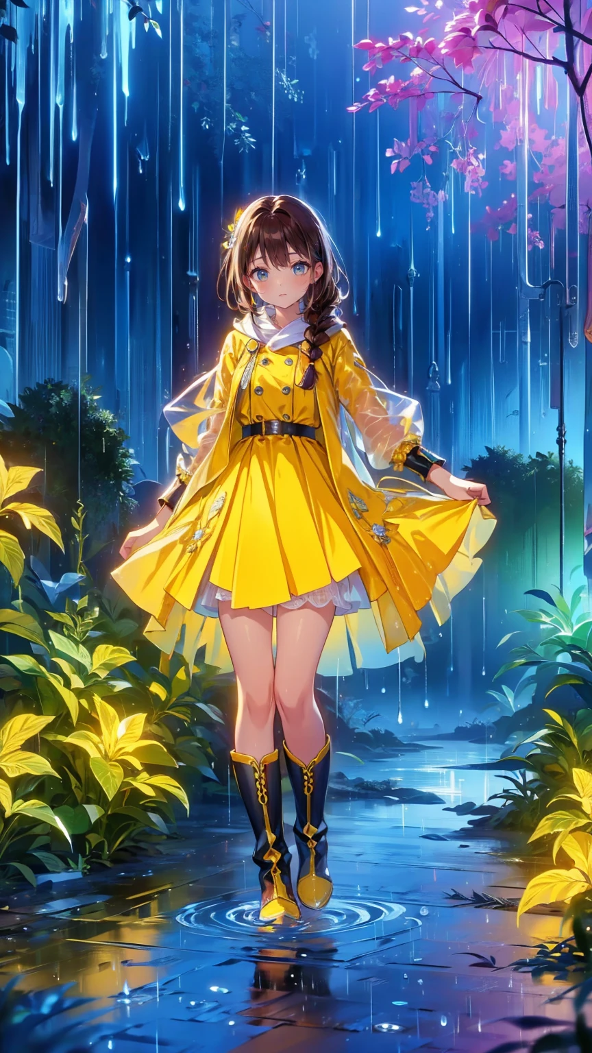 quality\(8k,Highly detailed CG unit wallpaper, masterpiece,High resolution,top-quality,top-quality real texture skin,Surreal,Increase the resolution,RAW Photos,highest quality,Very detailed,wallpaper\),break、One Girl、５ability、Girl、An innocent and cute face、smile、Brown Hair、Braids、Rainy Day、Yellow Raincoat、Put on the hood of your raincoat、Yellow Boots、Sparking puddle water with a boot、garden、puddle、