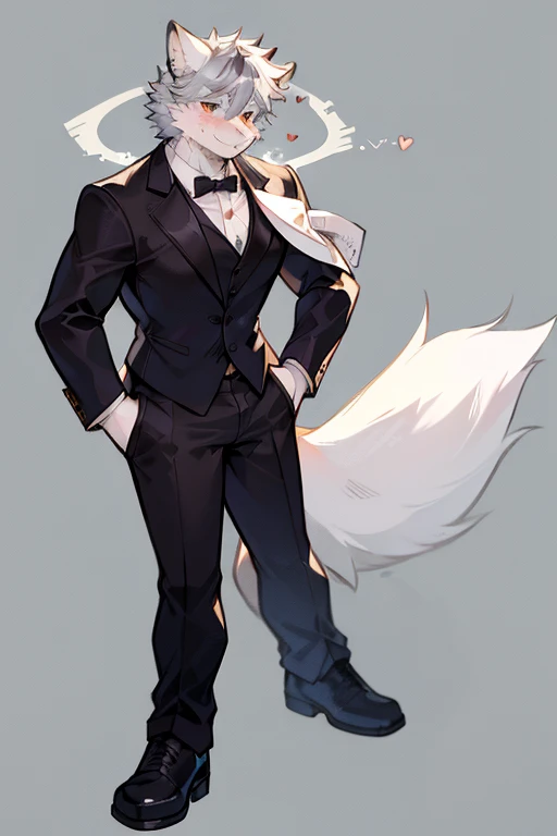 An Anime style And Focuses On The Top Body and Right Side Body Picture of A Very Muscular Kemono Furry Style Gray Wolf. He is wearing A Long Black Tuxedo Suit with white shirt inside. his both hand are in his pocket. The background is white. He have Gray messy and spikey hair. He is looking at the viewer. His eyes are little gray But Mostly white. He is standing in the background. He look like a video game character. He is smiling and blushes with blushes on his face. His tail is sticking upward. He is shy. his mouth is little open