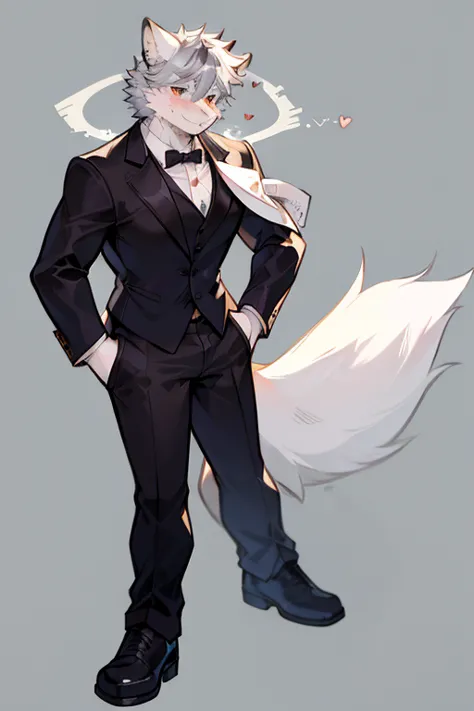 an anime style and focuses on the top body and right side body picture of a very muscular kemono furry style gray wolf. he is we...