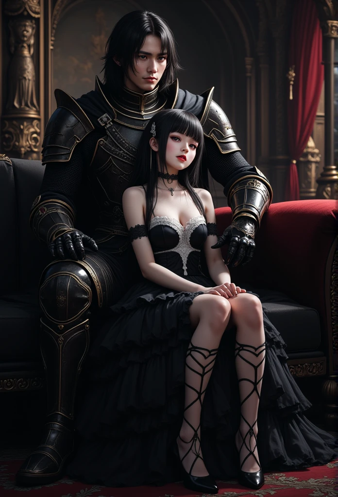 masterpiece, best quality, 8k, highres, ultra-detailed,  HDR, UHD, studio lighting, ultra-fine painting, sharp focus, physically-based rendering, extreme detail description, professional, vivid colors, bokeh, portraits,BREAK, a beautiful gothic lolita girl, 1girl and gothic knight, sitting alone on a black sofa, wearing a detailed black dress with white lace, surreal, high resolution, extremely detailed, most detailed, red lips, baroque, intricate, cinematic lighting, dramatic composition, rich textures, vivid colors, photorealistic, "goth girls" style