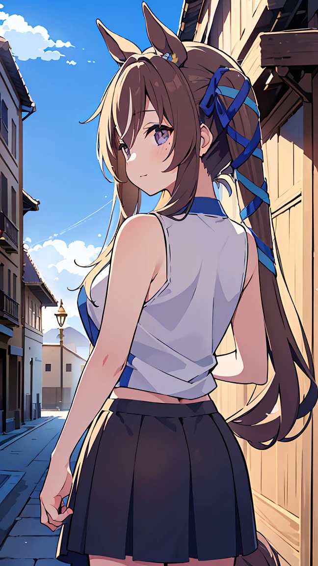 masterpiece, Best Quality, High resolution, Very detailed,(((Viblos))), (((Horse Girl)))、(((Around town)))、(((Standing at a distance))), (((Facing forward。))), (((Against the backdrop of blue sky))), (((sepia))), (((skirt)))