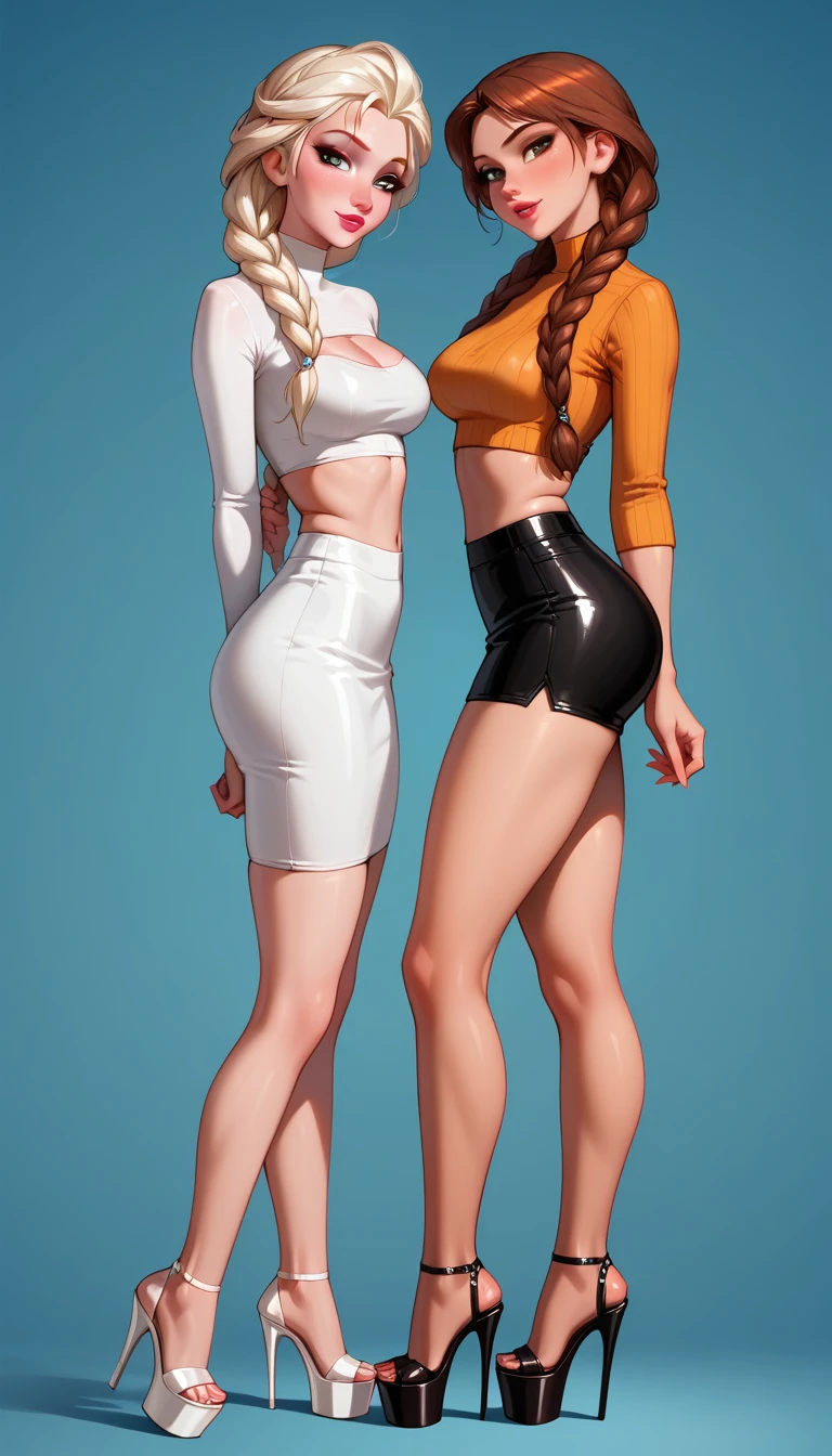 score_9, score_8_up, score_7_up, 2girls, duo, (Anna, brown hair, braided pigtails, wearing tight shorts and crop top, platform heels:1.3) and (Elsa, blonde, braid, wearing short skirt and blouse, platform heels:1.2), flirt, gaze, sexy look, half-closed eyes, head tilt, filled lips, thick lips, makeup, side view, (full bodies in view) expressiveh d4rk01l, perfect hands, perfect proportions, simple background.