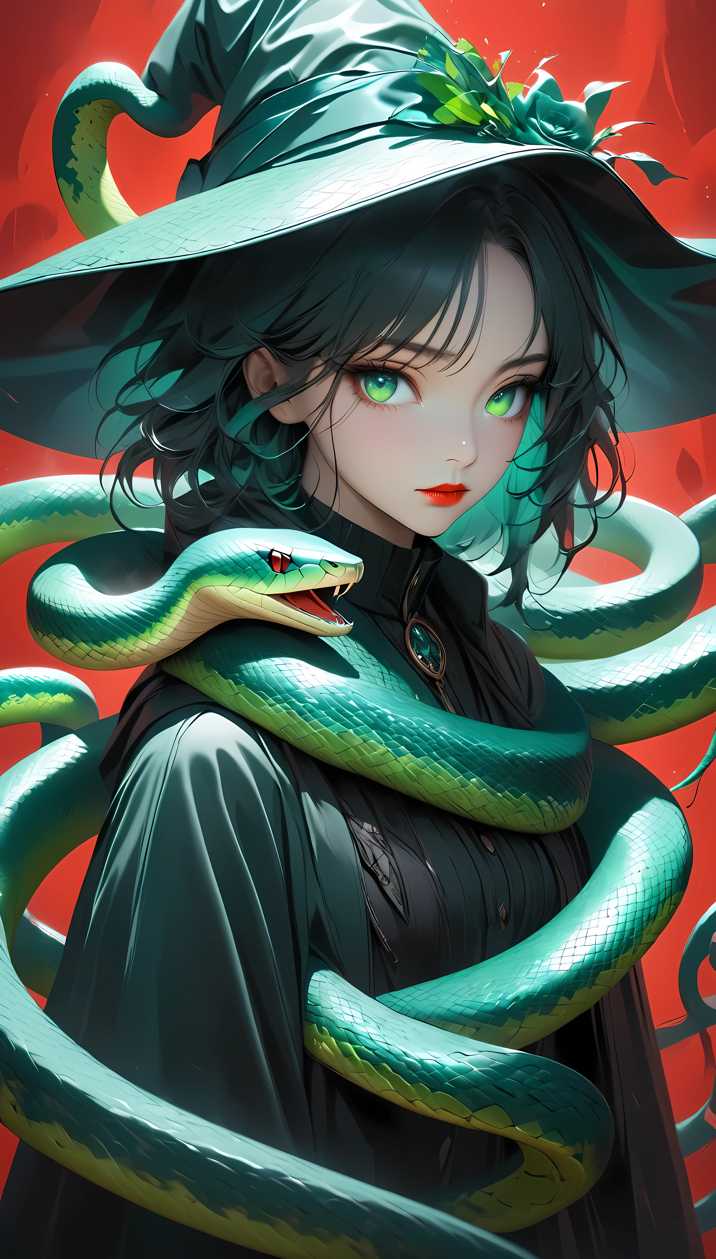 Snake charmer witch, Alone, Commanding the Blue Snake, She wears green snakes around her body., Just like clothing, Absurd and mysterious fashion sense, BREAK A green snake warns viewers, Conceptual Art, Minimalistic red background, Mysterious Mist Overcoat, Respect for the Shining Snakeskin, 