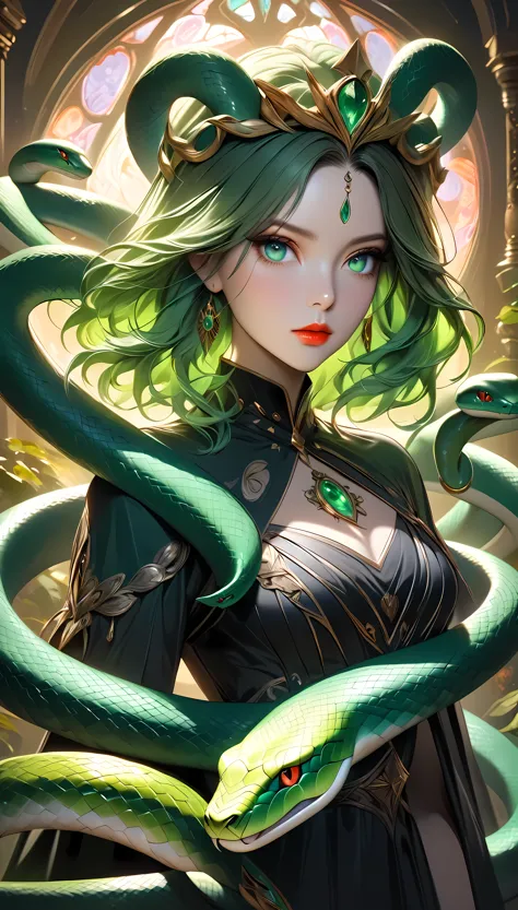 a witch with snakes, solo, commanding an emerald snake, the snake coils around her body like a dress, surreal mystical fashion sense, the emerald snake on alert to deter the viewer, intricate detailed fantasy portrait, highly detailed face and eyes, porcelain skin, flowing green hair, elegant ornate headpiece, dramatic lighting, vibrant colors, digital painting, cinematic composition, photorealistic, 8k, best quality, masterpiece