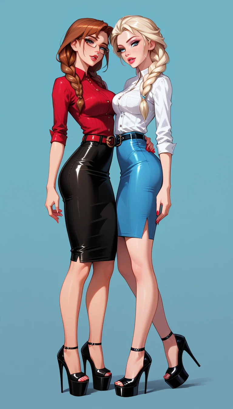 score_9, score_8_up, score_7_up, 2girls, duo, (Anna, brown hair, braided pigtails, wearing tight pencil skirt, belt, blouse, spectacles, platform heels:1.3) and (Elsa, blonde, braid, wearing tight pencil skirt, belt, blouse, spectacles, platform heels:1.2), flirt, gaze, sexy look, half-closed eyes, head tilt, filled lips, thick lips, makeup, side view, (full bodies in view) expressiveh d4rk01l, perfect hands, perfect proportions, simple background.