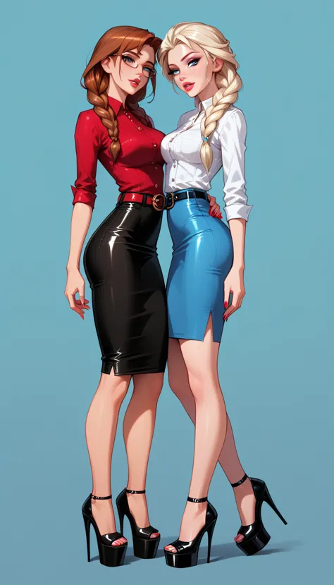 score_9, score_8_up, score_7_up, 2girls, duo, (anna, brown hair, braided pigtails, wearing tight pencil skirt, belt, blouse, spe...