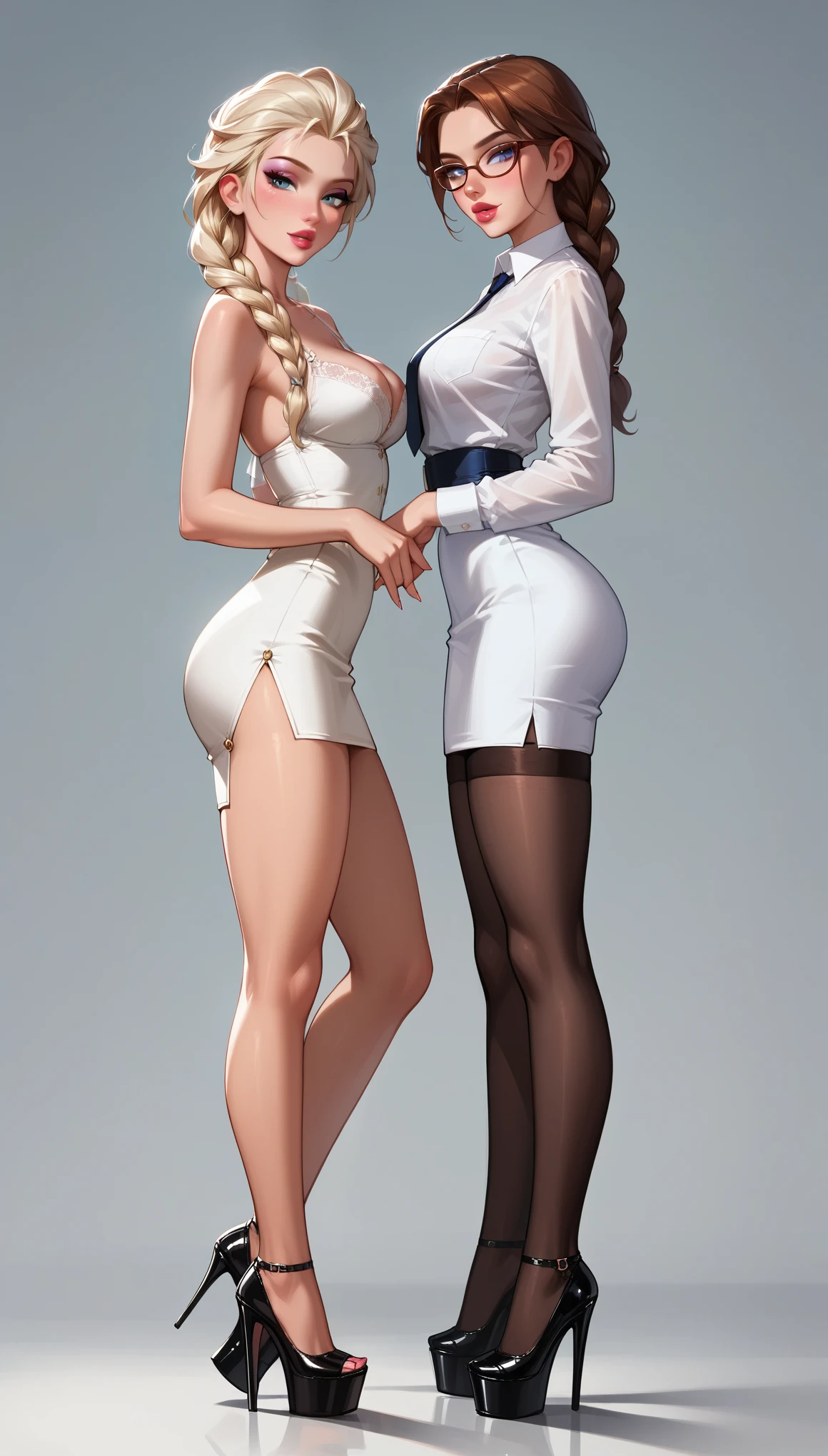 score_9, score_8_up, score_7_up, 2girls, duo, (Anna, brown hair, braided pigtails, wearing sexy secretary attire, spectacles, platform heels:1.3) and (Elsa, blonde, braid, wearing sexy secretary attire, spectacles, platform heels:1.2), flirt, gaze, sexy look, half-closed eyes, head tilt, filled lips, thick lips, makeup, side view, (full bodies in view) expressiveh d4rk01l, perfect hands, perfect proportions, simple background.