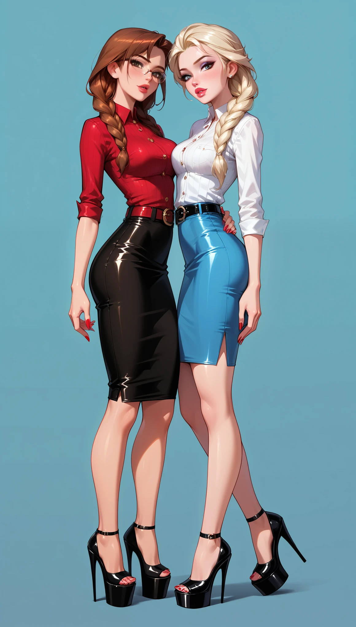 score_9, score_8_up, score_7_up, 2girls, duo, (Anna, brown hair, braided pigtails, wearing tight pencil skirt, belt, blouse, spectacles, platform heels:1.3) and (Elsa, blonde, braid, wearing tight pencil skirt, belt, blouse, spectacles, platform heels:1.2), flirt, gaze, sexy look, half-closed eyes, head tilt, filled lips, thick lips, makeup, side view, (full bodies in view) expressiveh d4rk01l, perfect hands, perfect proportions, simple background.