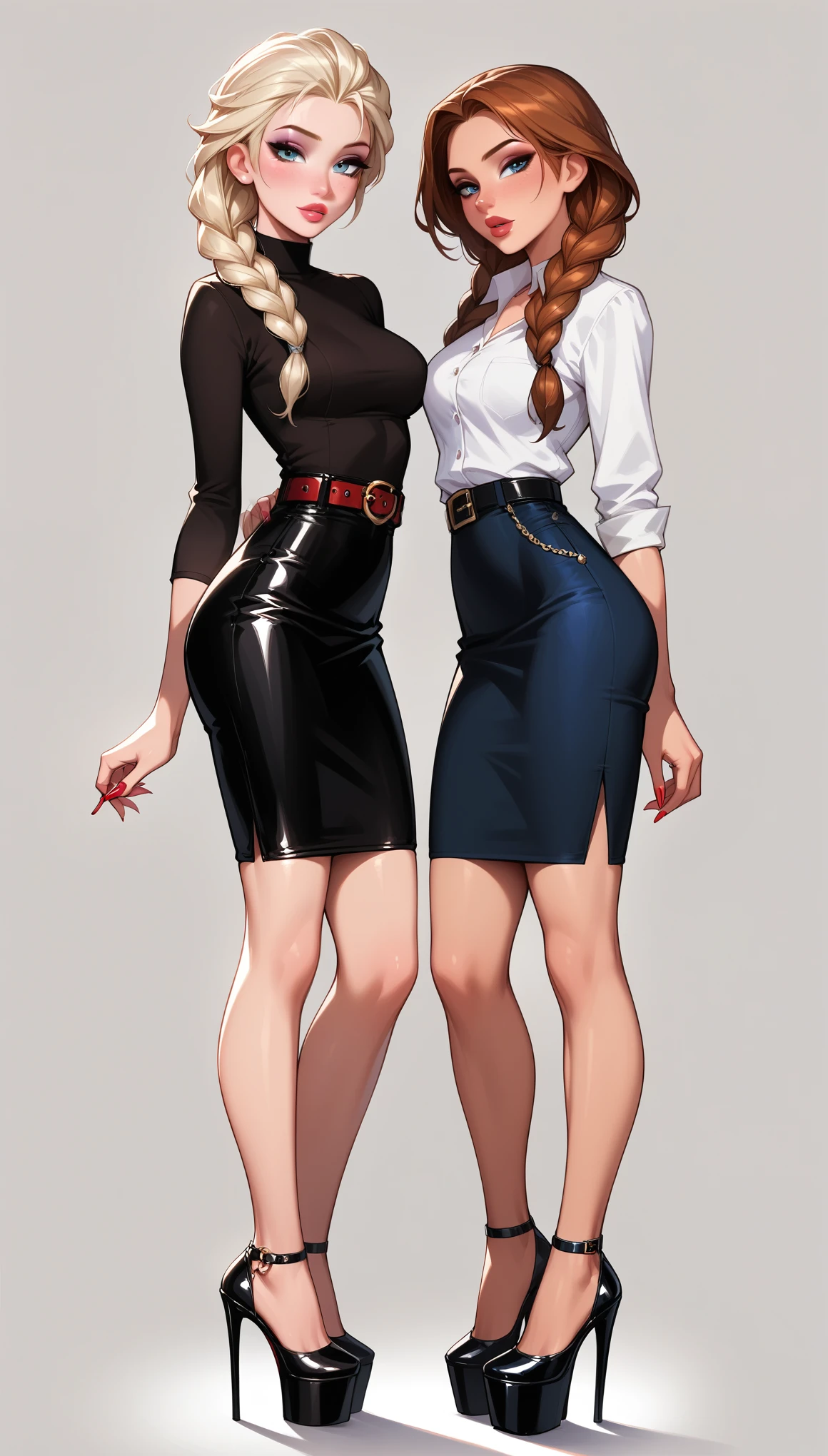 score_9, score_8_up, score_7_up, 2girls, duo, (Anna, brown hair, braided pigtails, wearing tight houndstooth pencil skirt, belt, blouse, spectacles, platform heels:1.3) and (Elsa, blonde, braid, wearing tight houndstooth pencil skirt, belt, blouse, spectacles, platform heels:1.2), flirt, gaze, sexy look, half-closed eyes, head tilt, filled lips, thick lips, makeup, side view, (full bodies in view) expressiveh d4rk01l, perfect hands, perfect proportions, simple background.