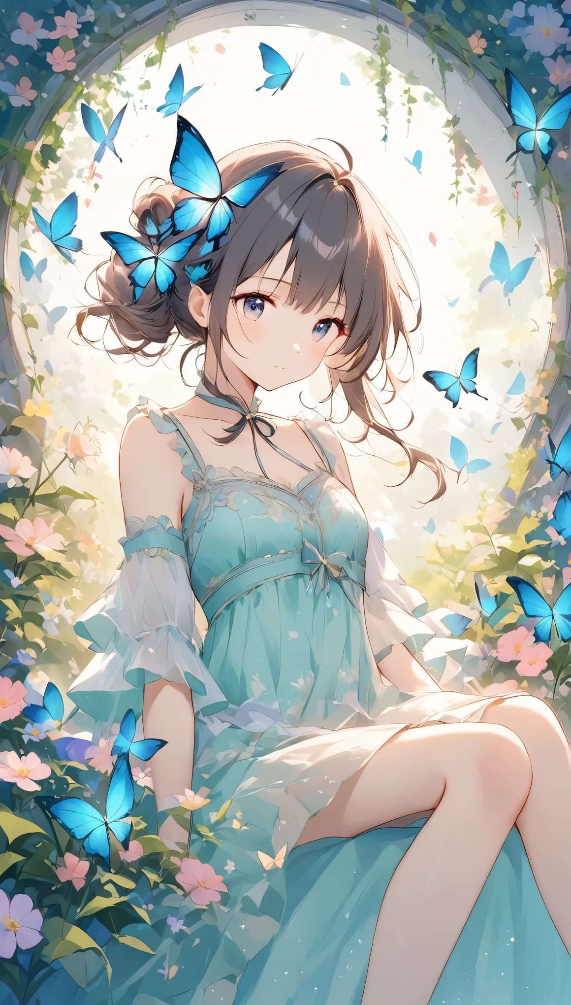 ((Pale lines and soft colors create a dreamlike effect., Fleeting Impressions..)),woman,Girl sitting in a flower field、spiral curl,A butterfly with a slightly sad expression々View、A butterfly resting on your index finger々、Butterflies around々Dance、Beautiful work