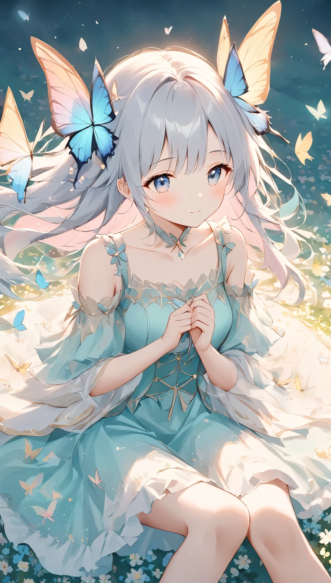 ((Pale lines and soft colors create a dreamlike effect., Fleeting Impressions..)),woman,Girl sitting in a flower field、spiral curl,A butterfly with a slightly sad expression々View、A butterfly resting on your index finger々、Butterflies around々Dance、Beautiful work