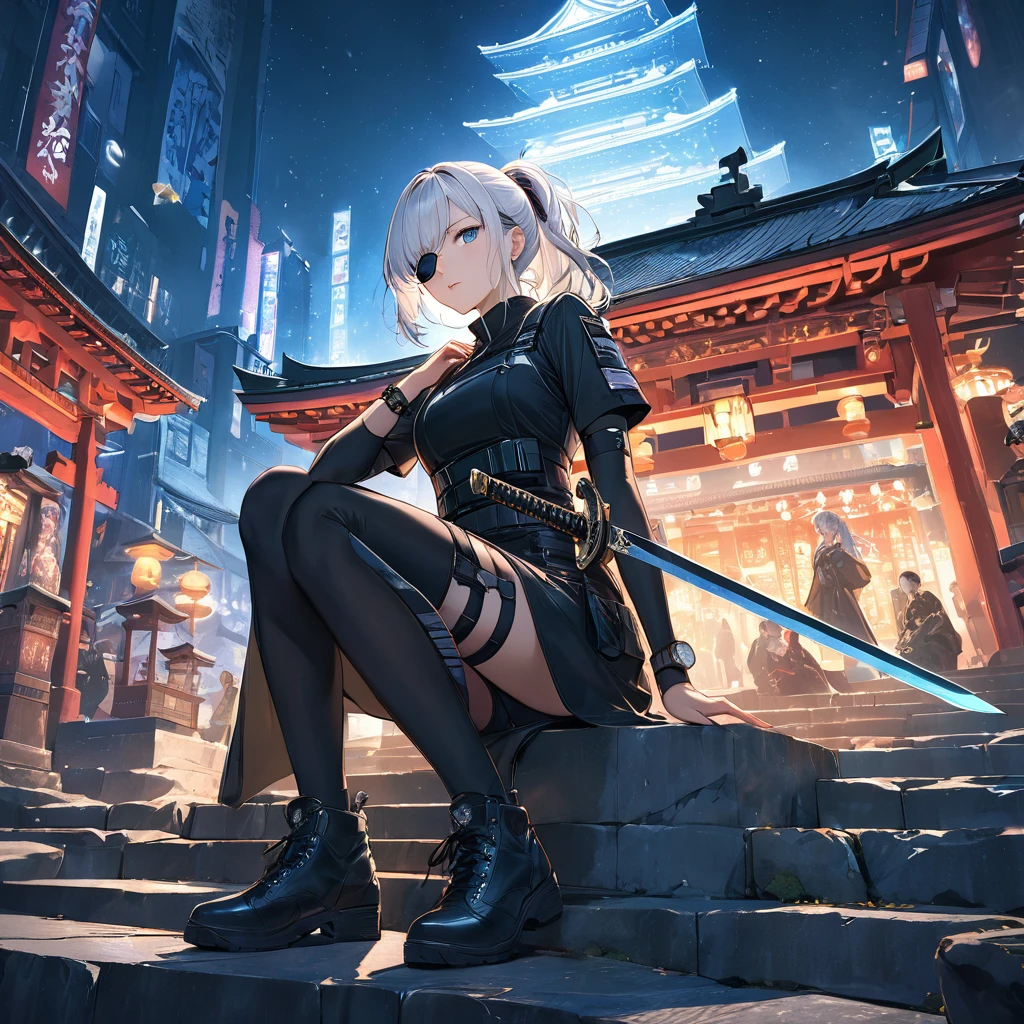 Anime Style,One woman,White Hair,ponytail,Blowing in the Wind,blue eyes,Shining Eyes,Ninja costume with eye patch,Cyberpunk,black,Sitting on stone steps,Embrace the sword,Serious face Emphasis on women,Night Background,shrine,Low Angle Masterpiece,Best Quality,Exquisite,8k,Absurd,Ultra-detailed illustrations,(Watch the audience)