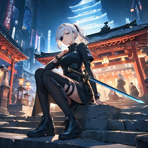 anime style,one woman,white hair,ponytail,blowing in the wind,blue eyes,shining eyes,ninja costume with eye patch,cyberpunk,blac...