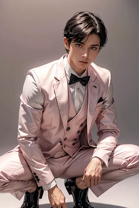 short cut　black hair　adult male　fierce　　all pale pink tuxedo　all clothing is light pink　crouching　latex　　background universe　bul...