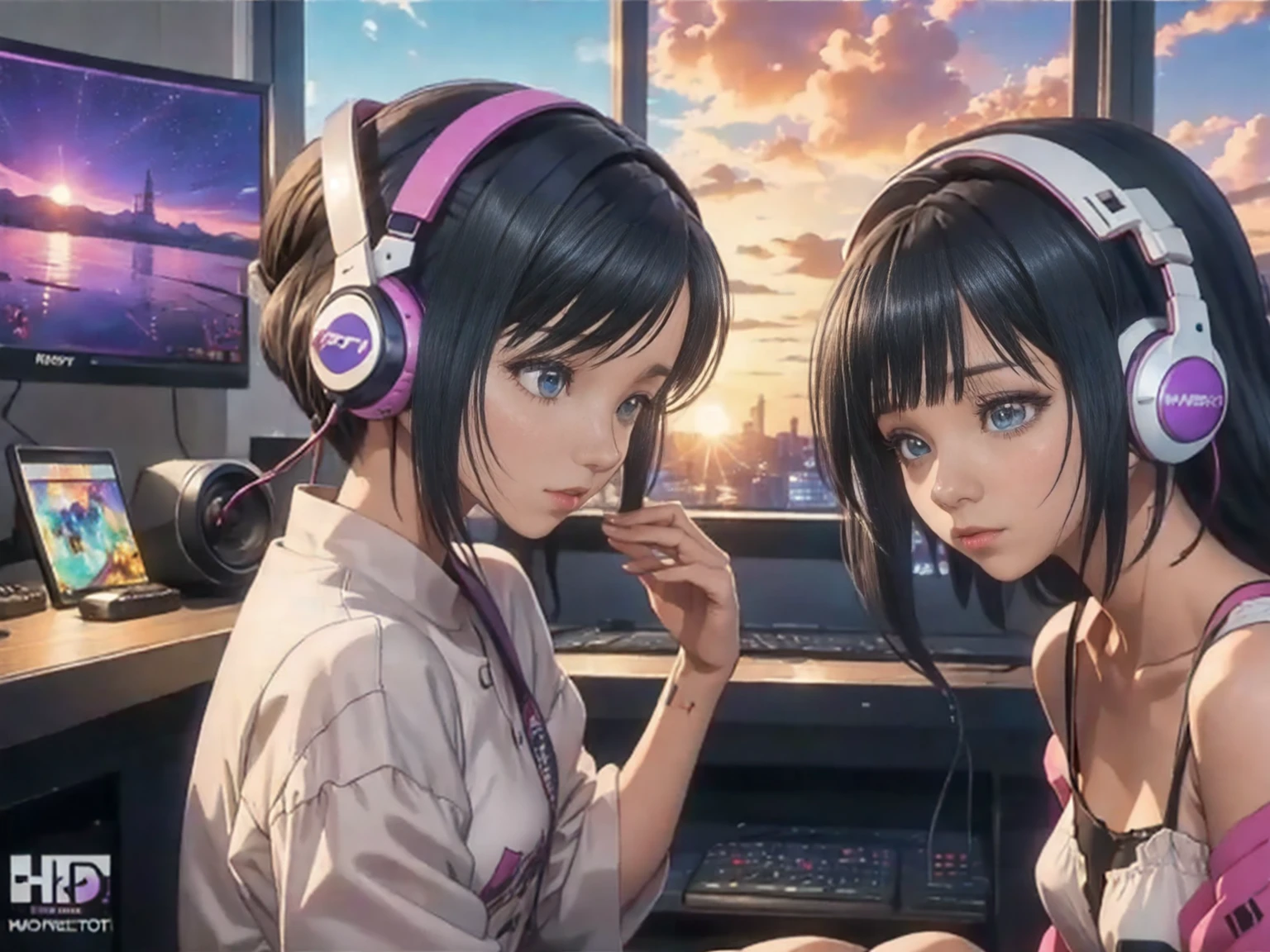 High resolution,High Definition,high quality,Girls playing games,Gaming Computer,Erogeo art style, Roffey Art, zero vibrations, Hip Hop Lofi,Midea, Lo-fi art, Lo-fi illustration style, zero, Portrait of Roffey, vibe zero, zero, Chill Hop, Anime aesthetics,Japanese Style,Large windows,Girl wearing headphones,sunset