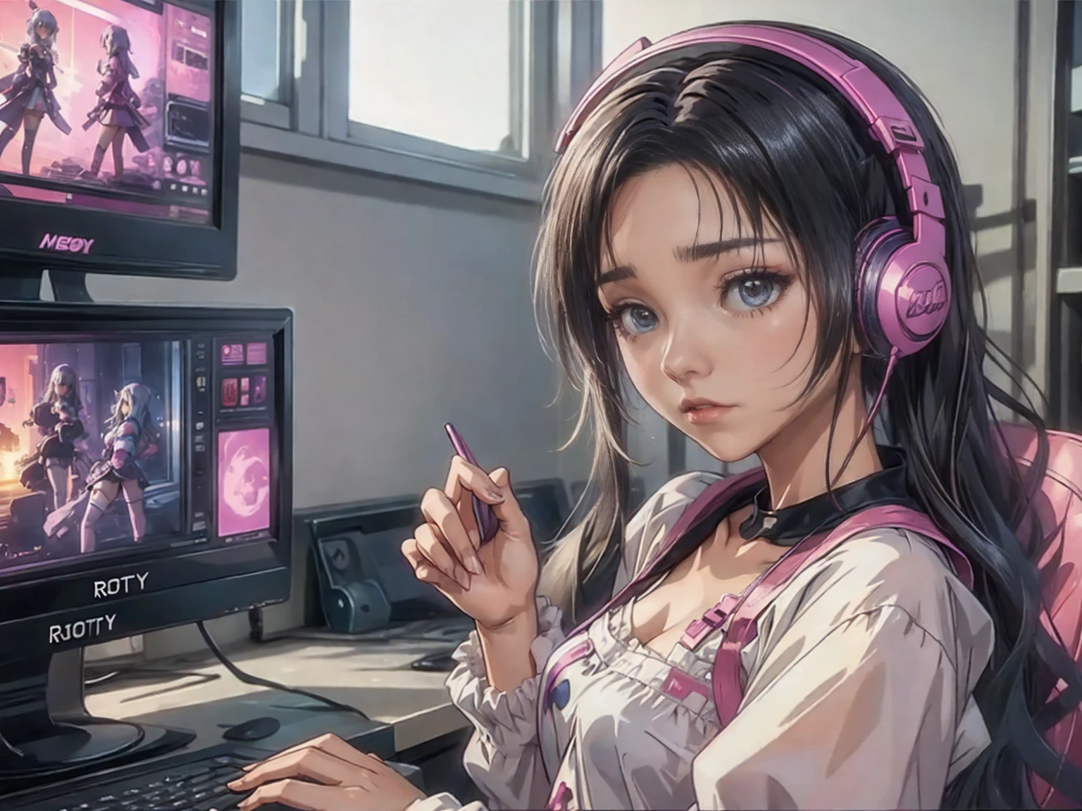 High resolution,High Definition,high quality,Girls playing games,Gaming Computer,Erogeo art style, Roffey Art, zero vibrations, Hip Hop Lofi,Midea, Lo-fi art, Lo-fi illustration style, zero, Portrait of Roffey, vibe zero, zero, Chill Hop, Anime aesthetics,Japanese Style,Large windows,Girl wearing headphones,sunset