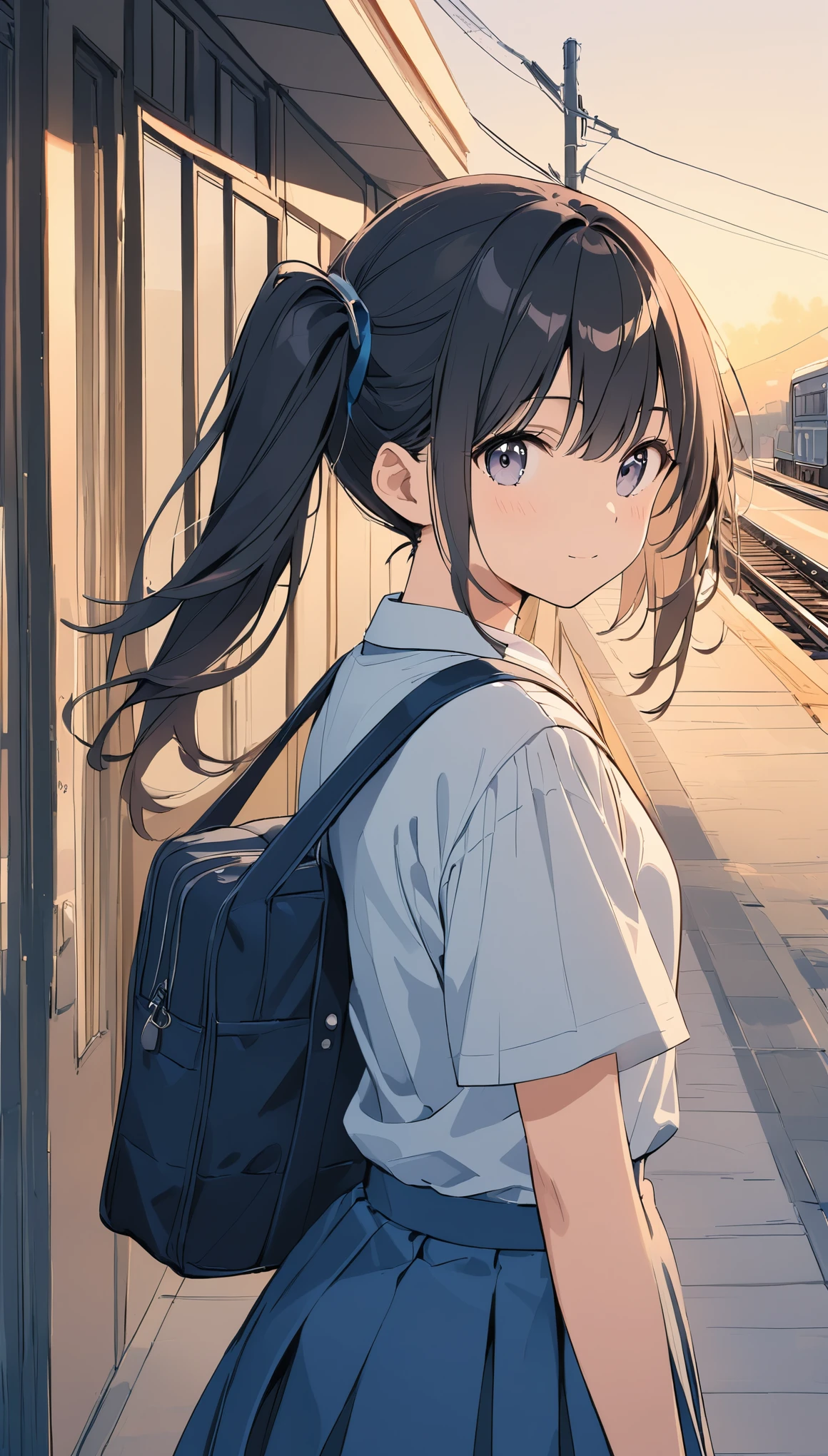 pale colour、line art,High resolution、In great detail、side ponytail,Black Hair,Student Uniform,Sunset Bank,Scenery on the way home from school,Girl looking back