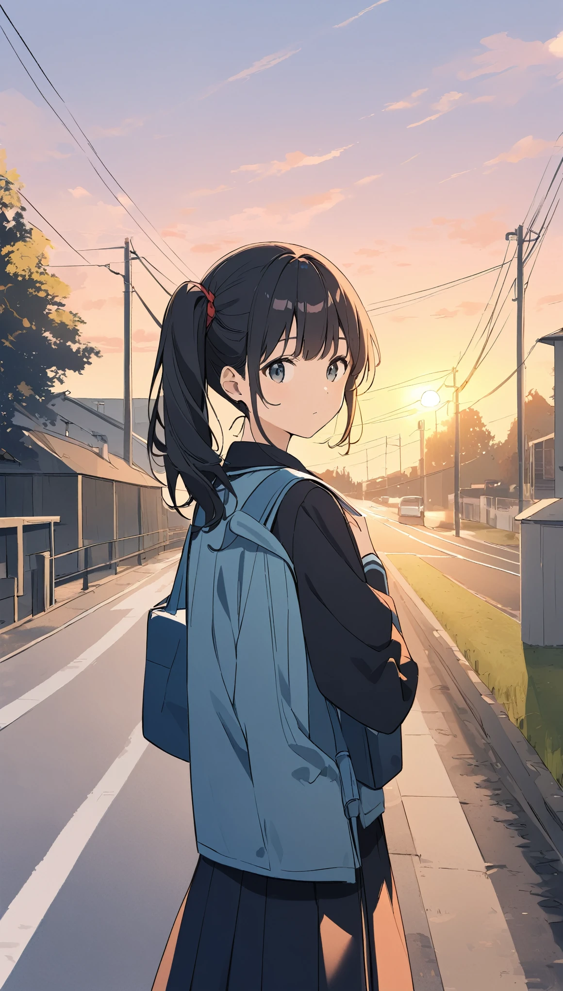 pale colour、line art,High resolution、In great detail、side ponytail,Black Hair,Student Uniform,Sunset Bank,Scenery on the way home from school,Girl looking back