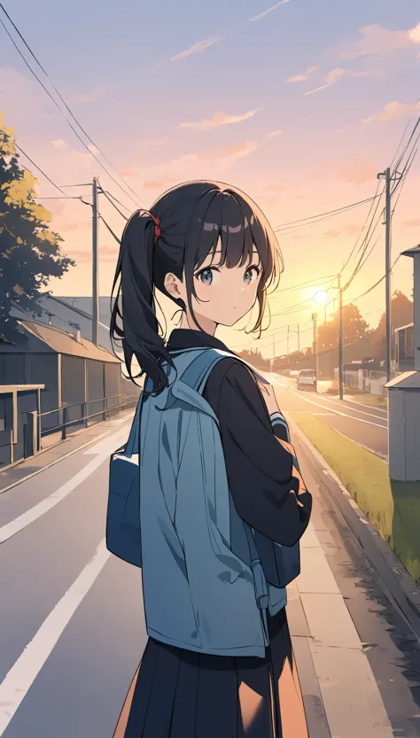 pale colour、line art,high resolution、in great detail、side ponytail,black hair,student uniform,sunset bank,scenery on the way hom...