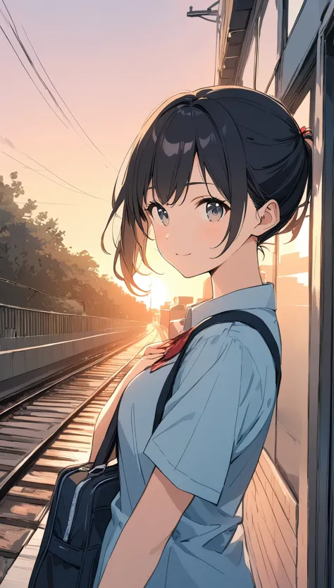 pale colour、line art,high resolution、in great detail、side ponytail,black hair,student uniform,sunset bank,scenery on the way hom...