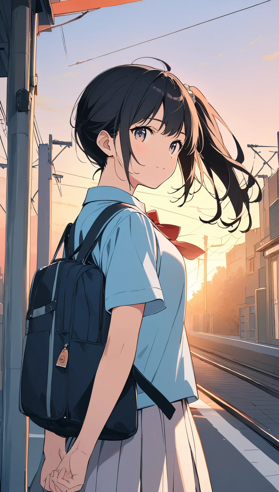 Light line drawing、Pale colors、line art,High resolution、In great detail、side ponytail,Black Hair,Student Uniform,Sunset Bank,Scenery on the way home from school,Girl looking back