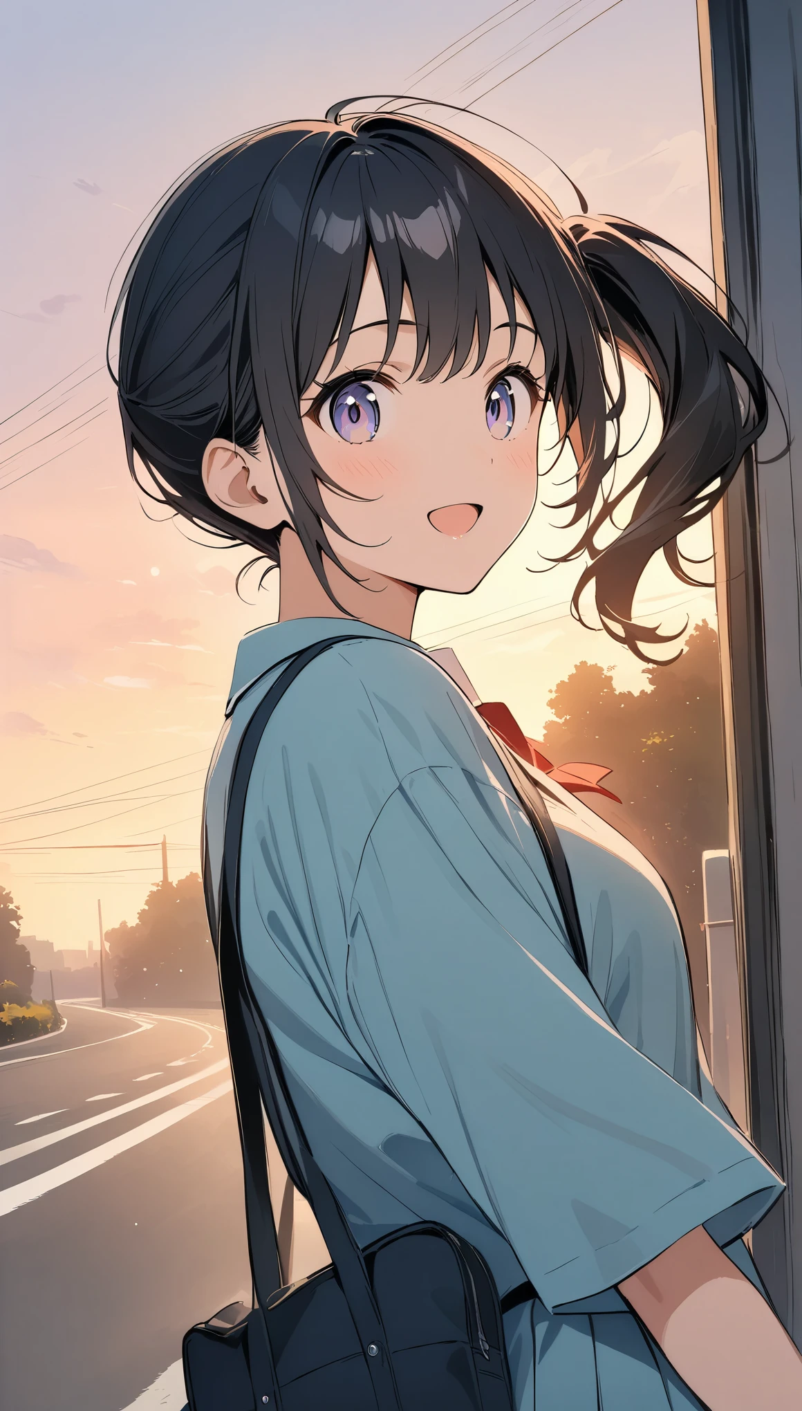 anime,Light line drawing,Pale colors,(masterpiece:1.2),(Very absurd:1.2),Soft light effect,A fluffy drawing,side ponytail,Black Hair,Student Uniform,Sunset Road,Scenery on the way home from school,Girl looking back,(Surprised face),comicface