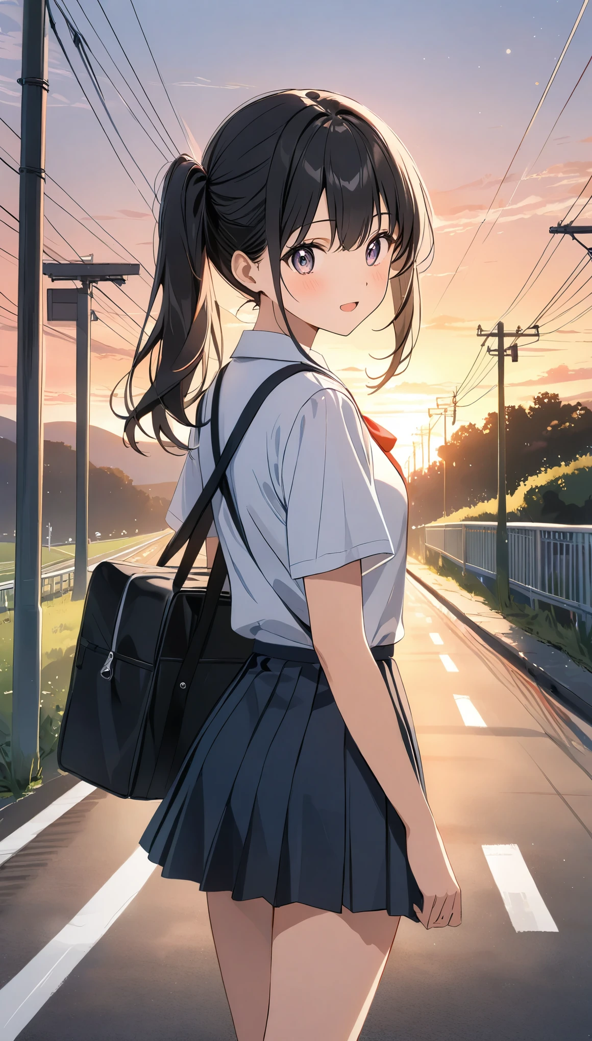 anime,Light line drawing,Pale colors,(masterpiece:1.2),(Very absurd:1.2),Soft light effect,A fluffy drawing,side ponytail,Black Hair,Student Uniform,Sunset Road,Scenery on the way home from school,Girl looking back,(Surprised face)