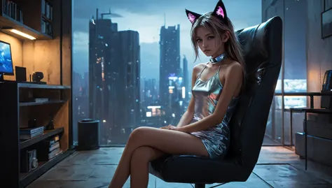 8k, super detail, best quality, uhd, textured skin, ((((barely legal girl, with cat ears and choker, in a shiny silky shirt with...