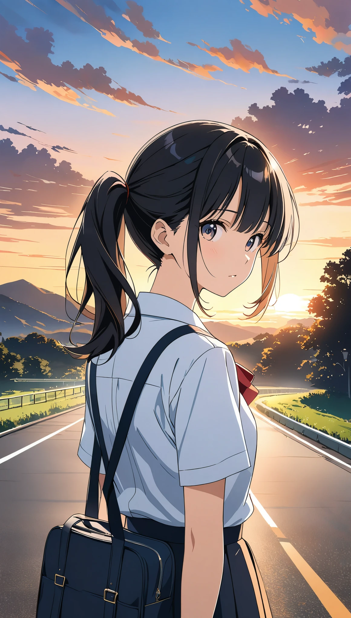 anime,Vector art,(masterpiece:1.2),(Very absurd:1.2),Soft light effect,A fluffy drawing,side ponytail,Black Hair,Student Uniform,Sunset Road,Scenery on the way home from school,Girl looking back