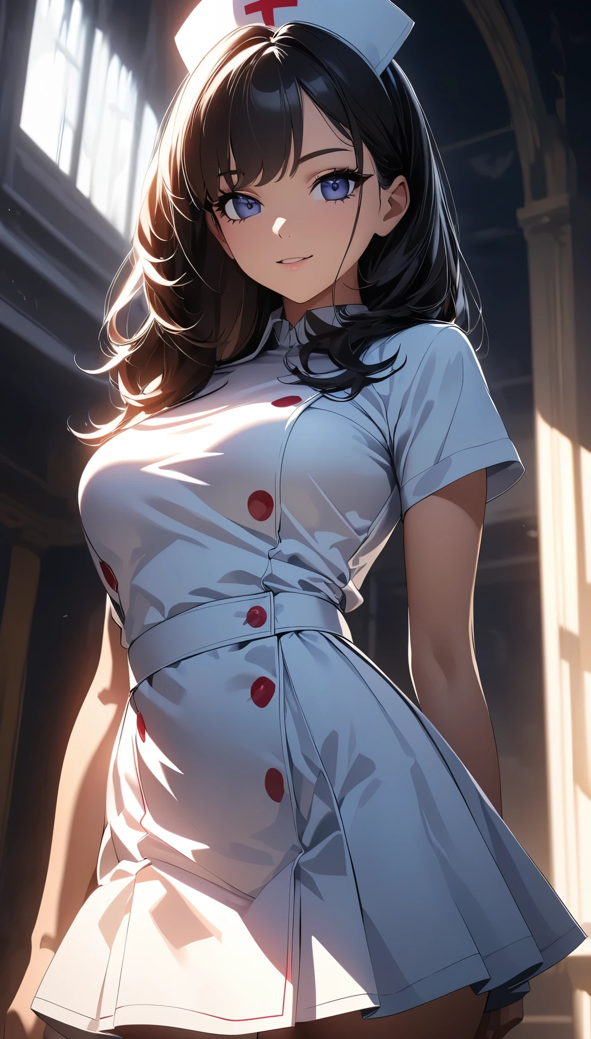 (Best Quality:1.2, Very detailed, Ultra-high resolution, High Contrast, masterpiece:1.2, Best Quality, Best aesthetics), Anime Style, Beautiful CG illustrations, Sexy young girl, elegant, Fascinating, Porcelain Skin, Strike a Pose, Beautiful young woman in a nurse costume, Nurse cap, Very detailedな顔と目, Delicate features, Elegant look, Sexy Face, Cowboy Shot, Random Pause, Natural lighting, Cinematic composition, Vibrant colors, Very detailed, Digital Art.