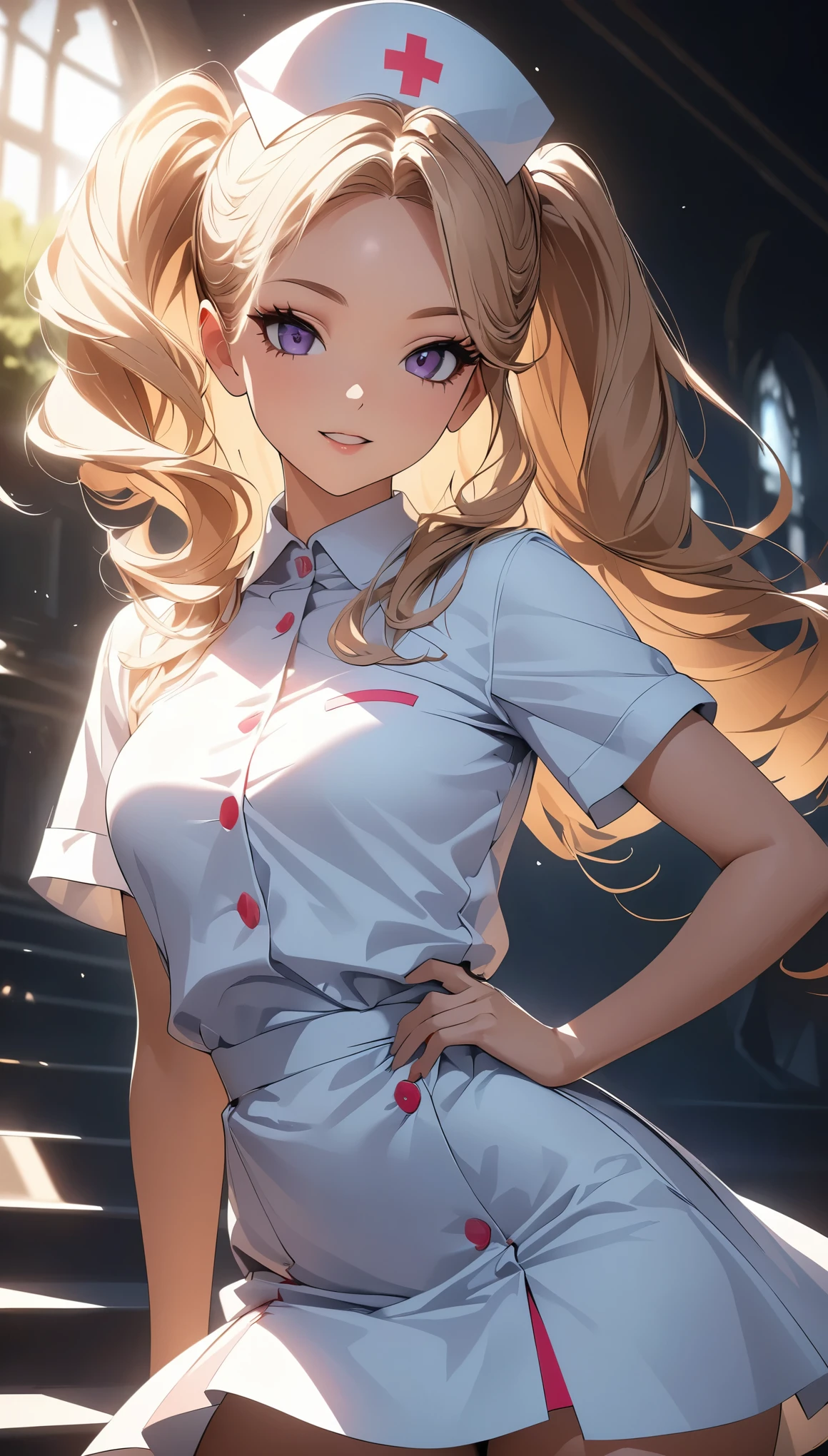 (Best Quality:1.2, Very detailed, Ultra-high resolution, High Contrast, masterpiece:1.2, Best Quality, Best aesthetics), Anime Style, Beautiful CG illustrations, Sexy young girl, elegant, Fascinating, Porcelain Skin, Strike a Pose, Beautiful young woman in a nurse costume, Nurse cap, Very detailedな顔と目, Delicate features, Elegant look, Sexy Face, Cowboy Shot, Random Pause, Natural lighting, Cinematic composition, Vibrant colors, Very detailed, Digital Art.