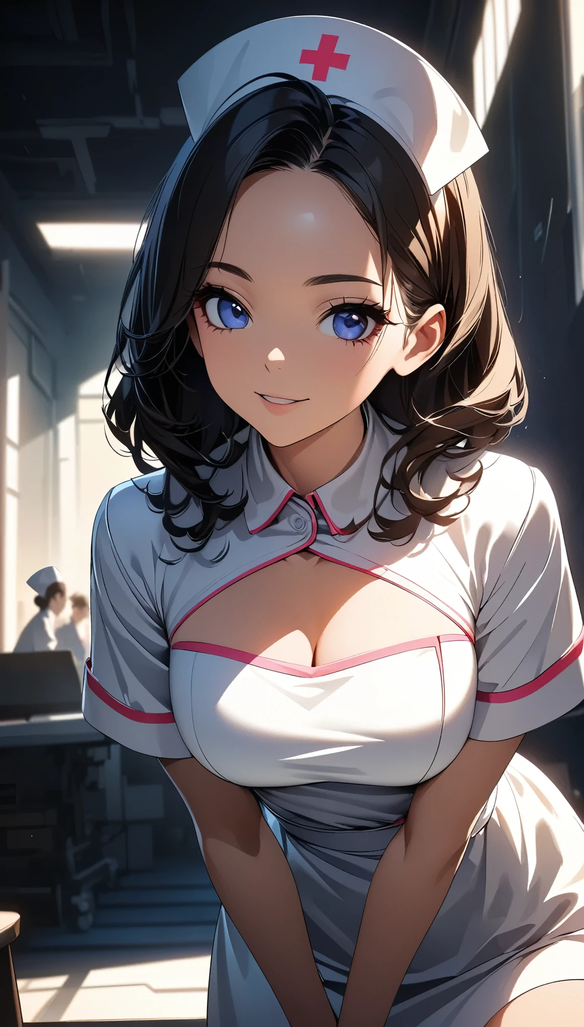 (Best Quality:1.2, Very detailed, Ultra-high resolution, High contrast masterpiece:1.2, Best Quality, Best aesthetics), Anime Style, Beautiful CG illustrations, Sexy young girl, elegant, Attractive, Porcelain Skin, Strike a Pose, Beautiful young woman in a nurse costume, Nurse cap, Very detailedな顔と目, Delicate features, elegantな外観, Sexy Face, Cowboy Shot, Random pose natural light, Structure of the film, Vibrant colors, Very detailed, Digital Art.