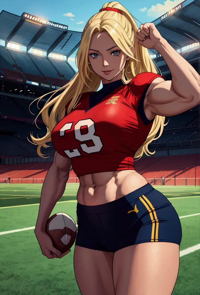 dynamic manga-style illustration featuring a woman with long blonde hair and a flirty expression. she is standing on a football ...